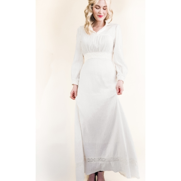 70s Ivory Cotton Gauze Crochet Trim VTG Maxi Dress - Picture 14 of 16